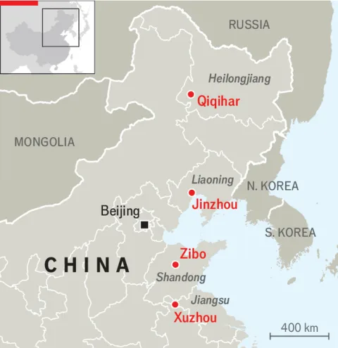 Map of China highlighting Qiqihar and Zibo