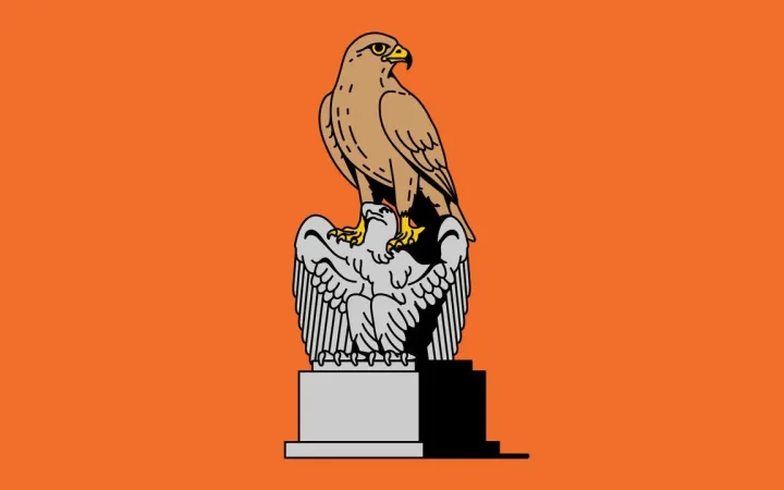 Rewritten hawk perched on stone eagle illustration for Jackson Hole central banking story