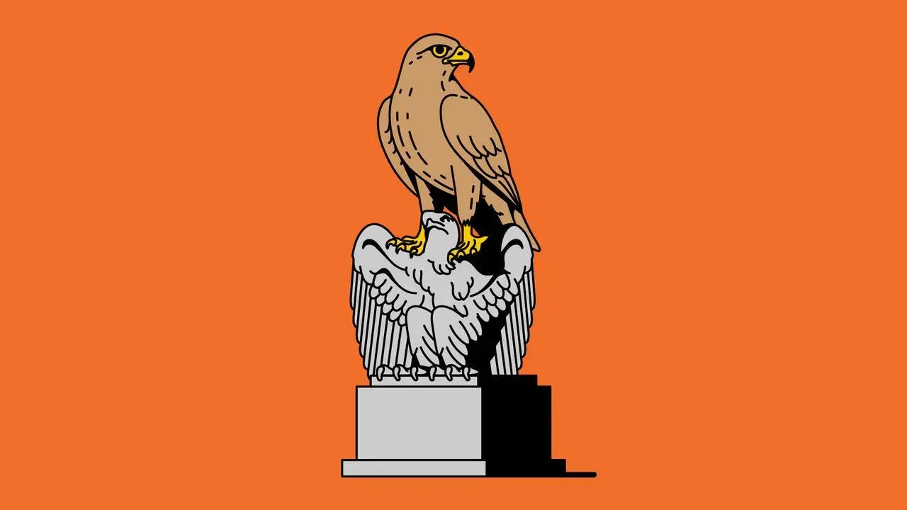Illustration of a hawk perched on a stone eagle overlooking Jackson Hole, symbolising hawkish central banking