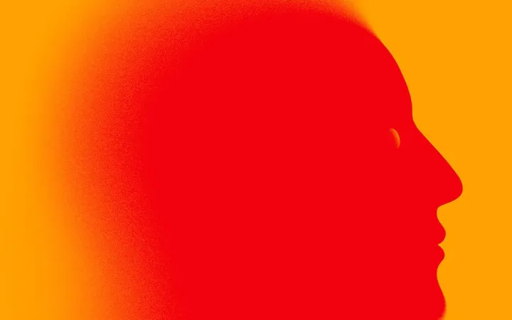 Red silhouette of a human head in profile against an orange background, suggesting heat or danger.