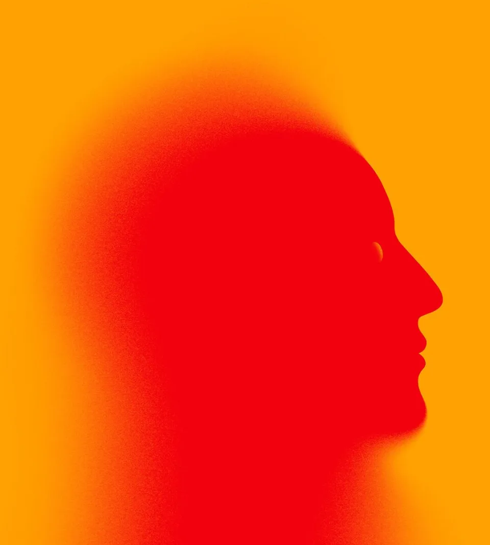 Red silhouette of a human head in profile against an orange background, suggesting heat or danger.