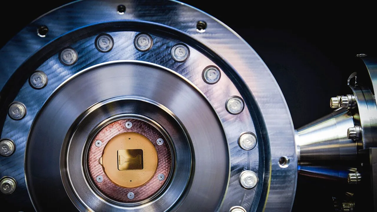 Quantum chip inside a vacuum chamber viewed from above