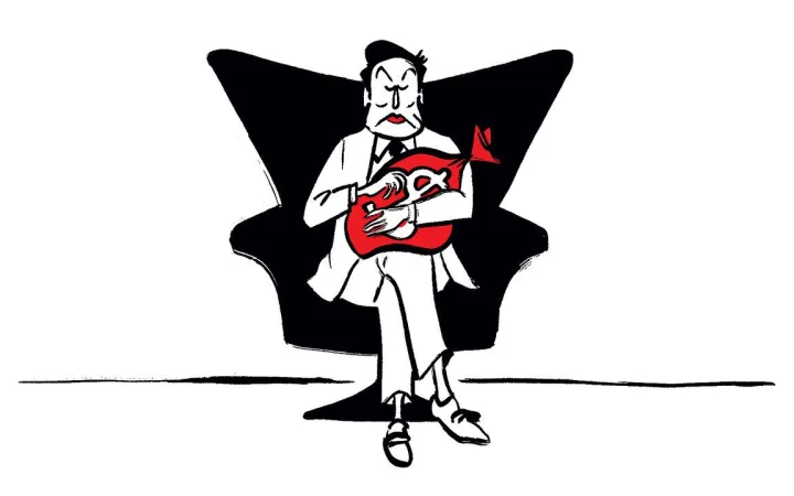 Illustration of a stern-looking man in a suit sitting in a large executive chair, tightly clutching a bright red money bag to his chest