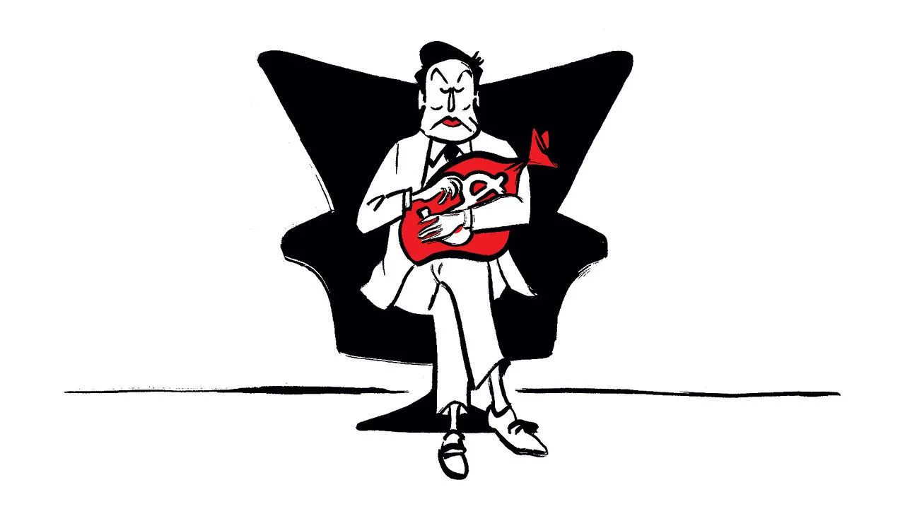 Illustration of a stern-looking man in a suit sitting in a large executive chair, tightly clutching a bright red money bag to his chest