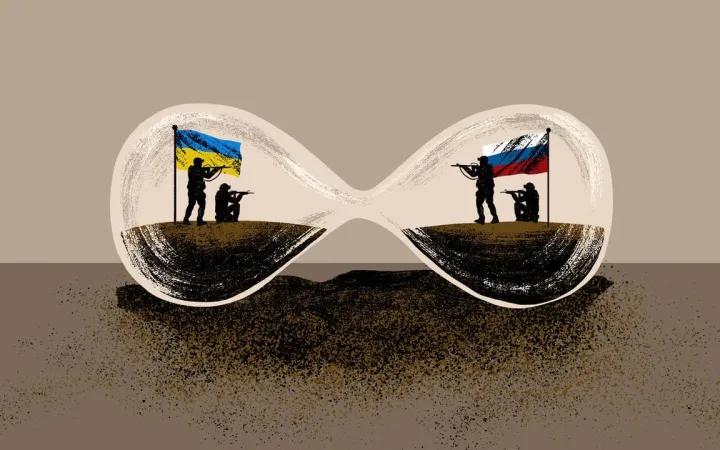 Rewritten alt: hourglass on its side with Ukrainian and Russian troops aiming at each other from opposite bulbs