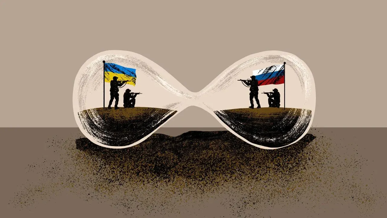 hourglass on its side with Ukrainian and Russian troops aiming at each other from opposite bulbs