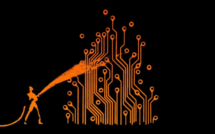 Illustration of a firefighter extinguishing a circuit board.