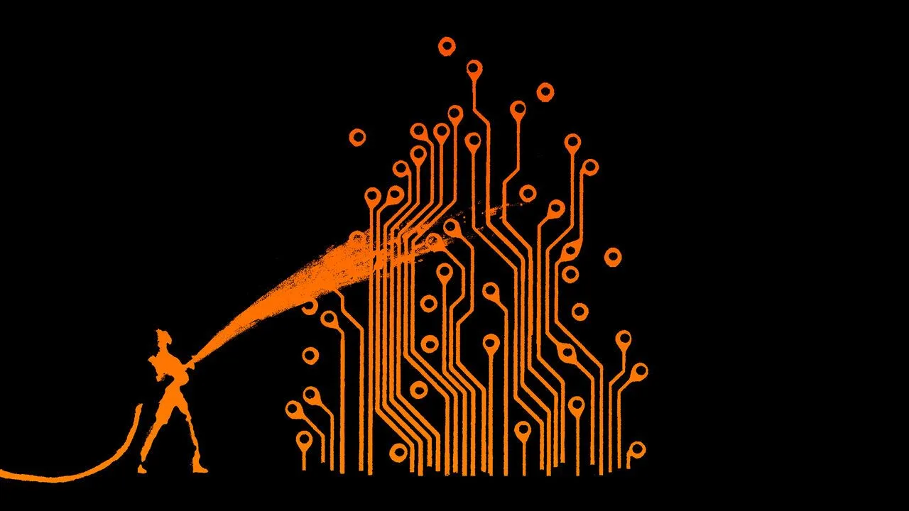 Illustration of a firefighter spraying water onto a flaming circuit board