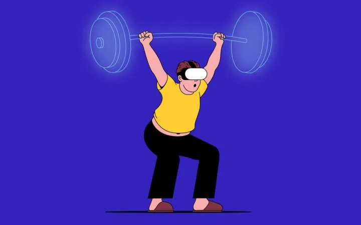 Gamer wearing VR headset hoisting digital dumbbell