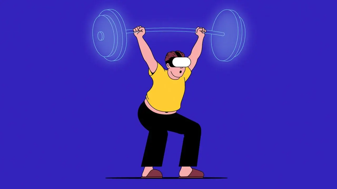 Illustration of a gamer wearing a VR headset and hoisting a digital dumbbell