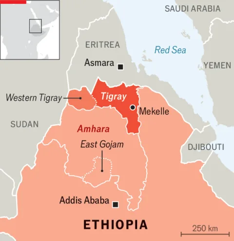 Map showing Tigray in northern Ethiopia bordering Eritrea and Sudan