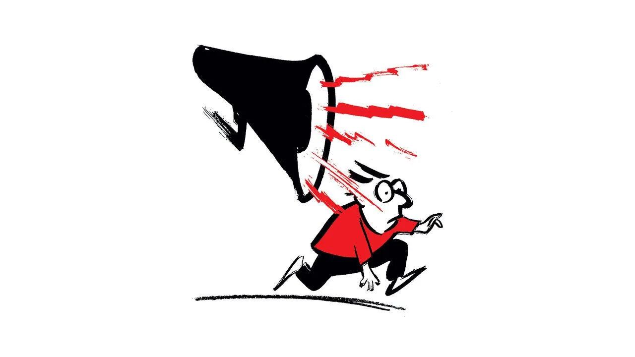Illustration of a man in red fleeing from a large black hat swooping towards him.