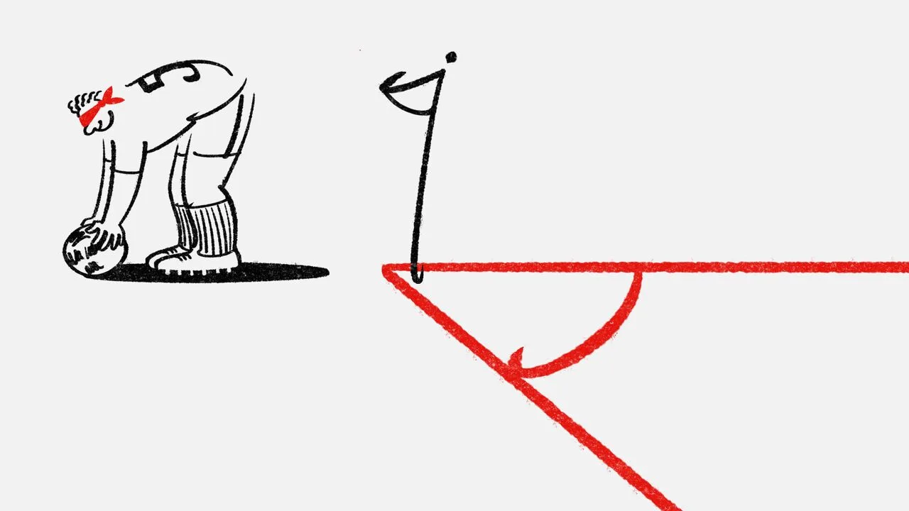 Illustration of a blindfolded footballer preparing to take a corner kick