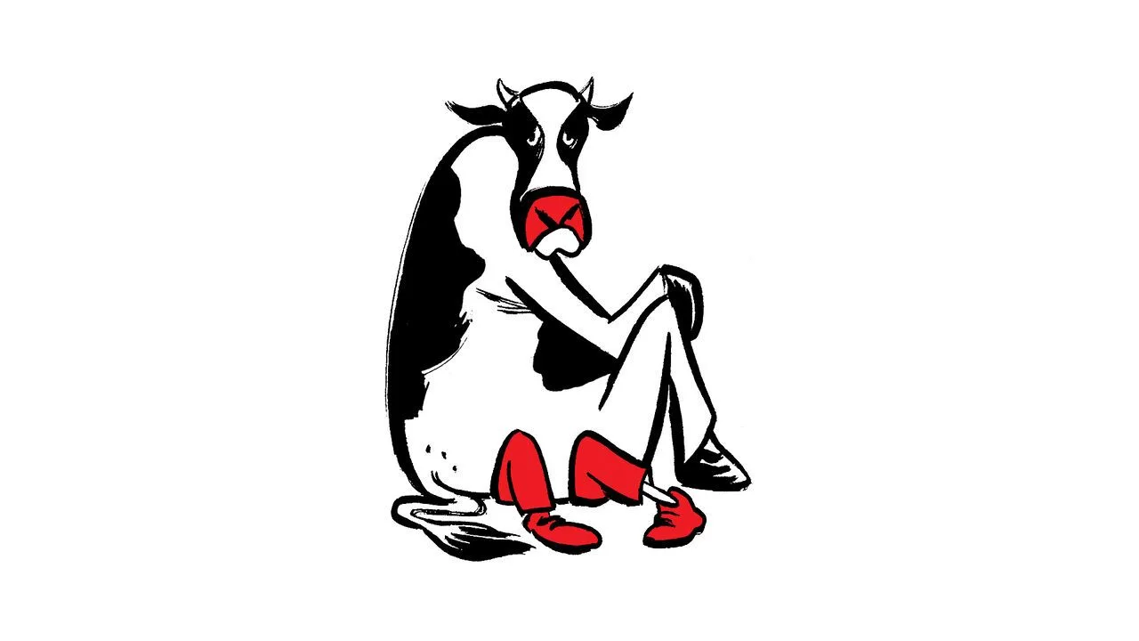 Illustration of a dejected cow sitting with knees drawn up, suggesting pressure on the livestock industry.