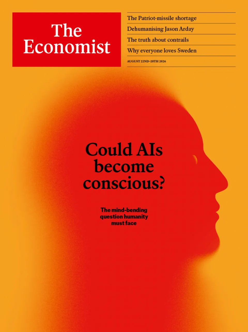 The Economist cover showing a glowing human silhouette head, with the headline "Could AIs become conscious?".