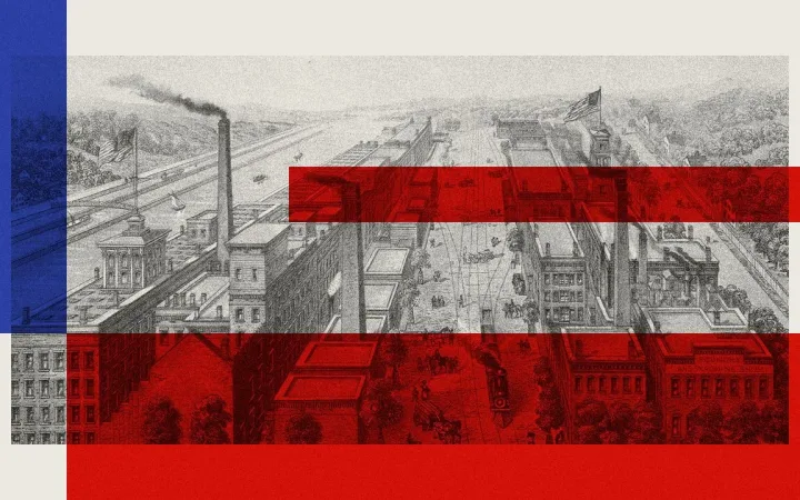 Illustration depicting Gilded Age industrial city and American wealth divide