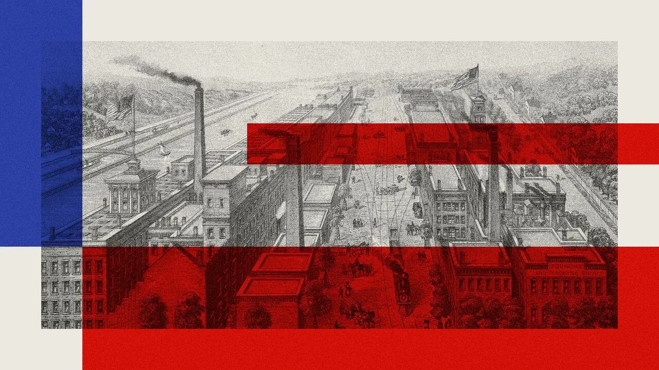 Illustration depicting Gilded Age industrial city and American wealth divide