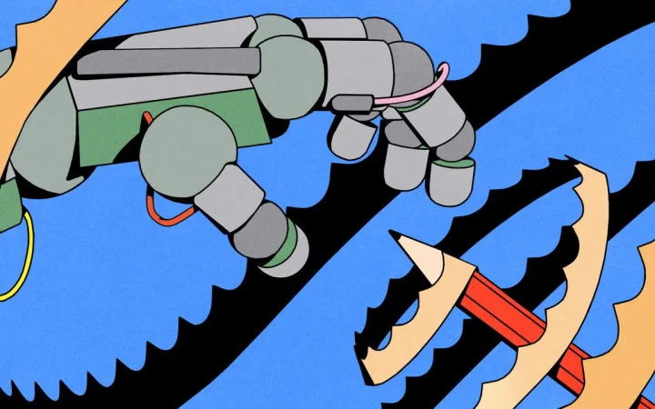 Illustration of a robotic hand reaching toward a red pencil, with long curling pencil shavings winding between them