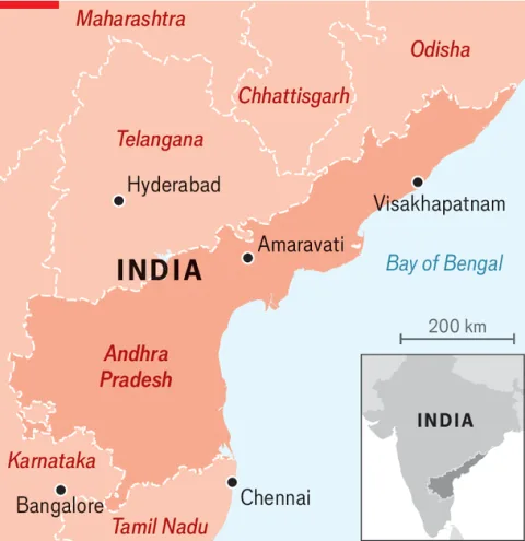 Map showing Andhra Pradesh, Telangana and Amaravati