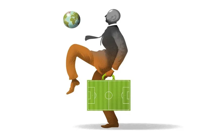 Pep Guardiola depicted in a suit holding a briefcase shaped like a football pitch while balancing a soccer-ball globe