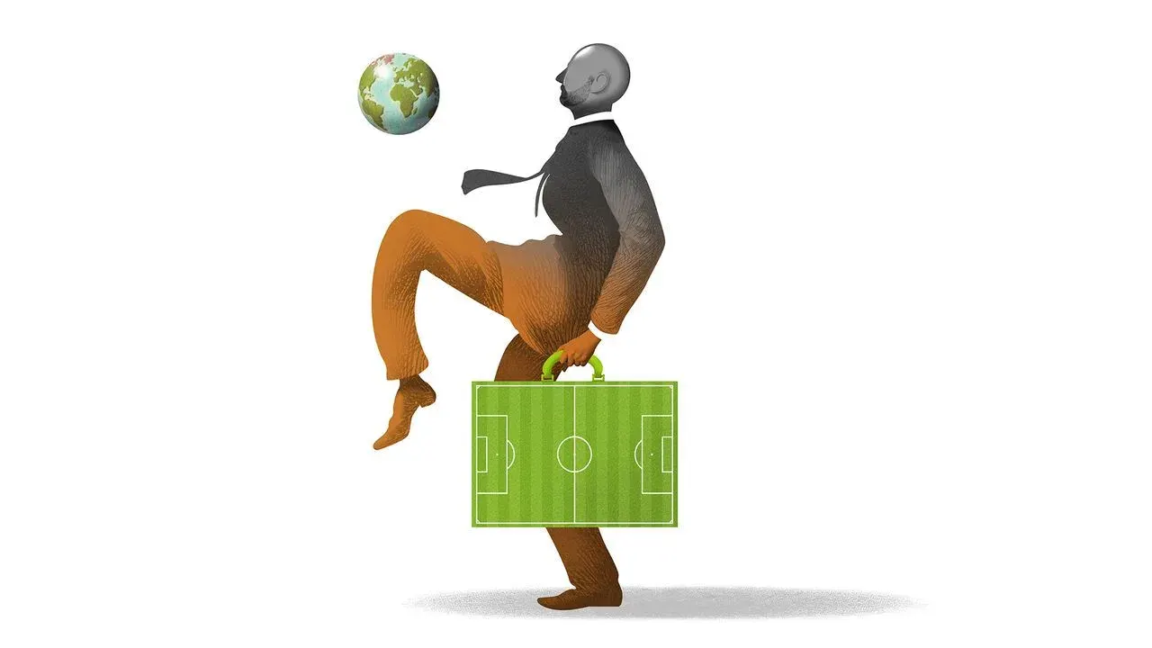 Pep Guardiola depicted in a suit holding a briefcase shaped like a football pitch while balancing a soccer-ball globe