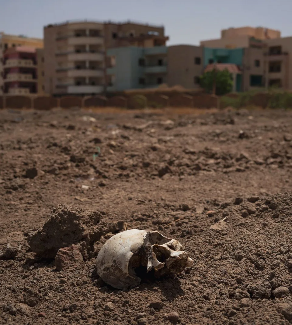 A weathered human skull resting in dry, barren dirt, with blurred multi-storey buildings in the background
