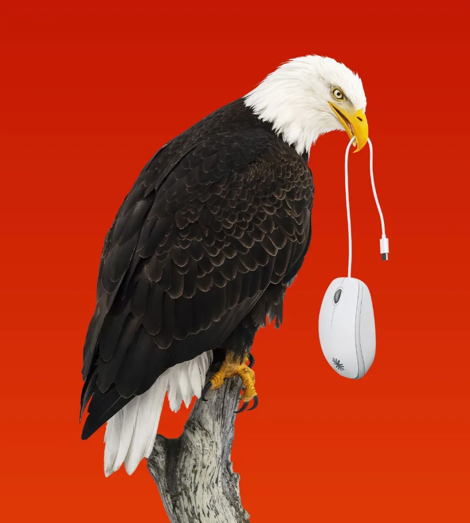 Bald eagle perched on a branch holding a computer mouse in its beak against a red background, illustrating America's gatekeeper role over AI technology