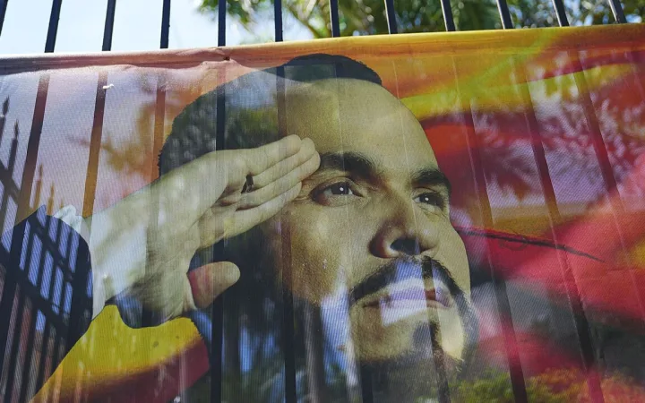 A campaign banner of Abelardo de la Espriella hangs outside his party's headquarters