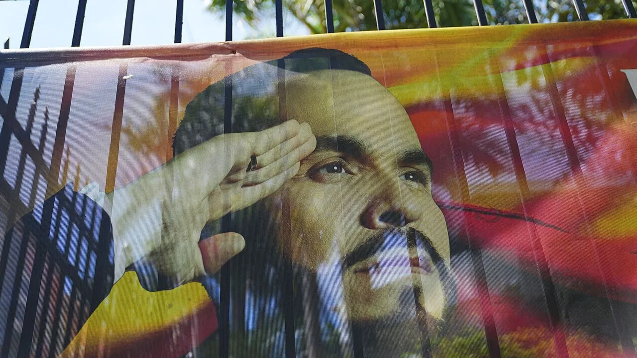 Campaign banner of Abelardo de la Espriella, Colombia's president-elect known as El Tigre, outside party headquarters
