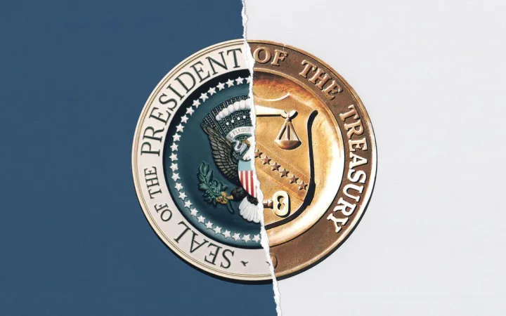 Two overlapping official seals of the U.S. presidency and Treasury, joined together against a split blue-and-white background.