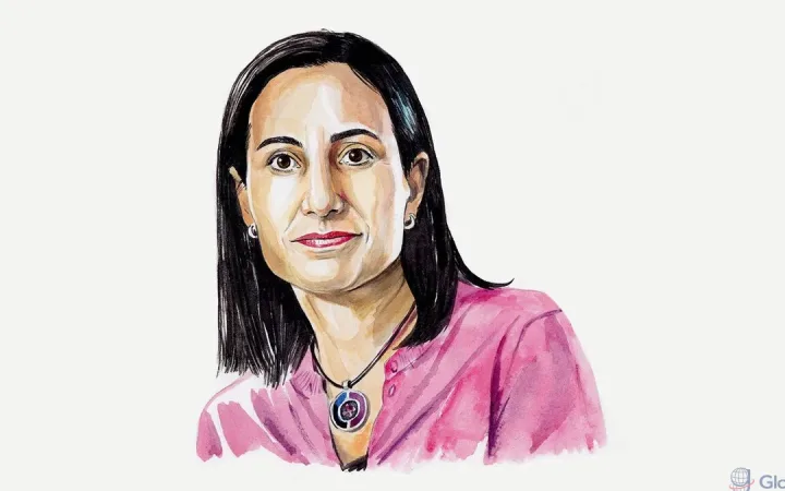 Illustrated portrait of a woman in a pink top with dark hair and a decorative necklace.