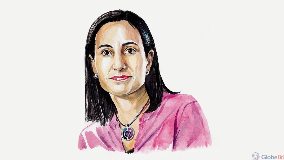 Illustrated portrait of Dalia Dassa Kaye, author and senior fellow on Iran policy, shown with dark hair, pink top and decorative necklace