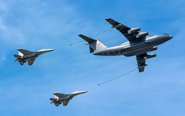 A YY-20A tanker aircraft and two J-16 fighter jets perform in the sky at Changchun Air Show on September 19, 2025 in Changchun, Jilin Province of China.