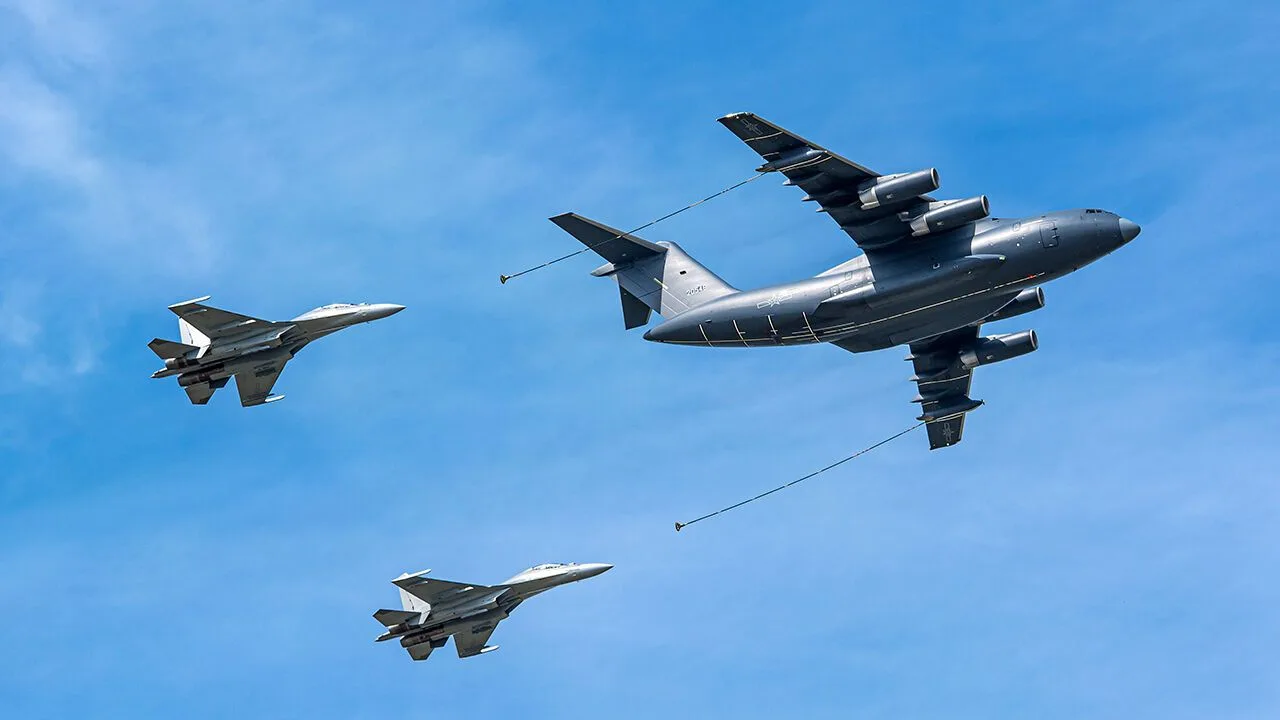 A YY-20A tanker aircraft and two J-16 fighter jets perform in the sky at Changchun Air Show on September 19, 2025 in Changchun, Jilin Province of China.
