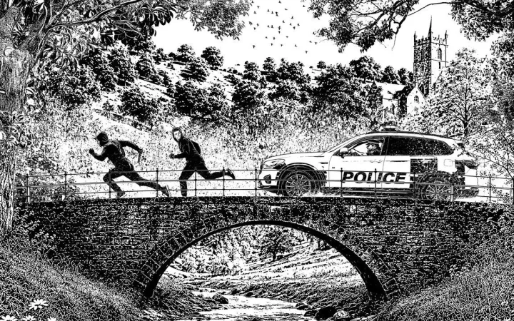 Illustration showing hooded figures fleeing police across rural English bridge