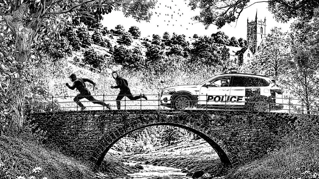 Illustration of hooded figures fleeing police across a rural English bridge - concept for county-lines knife crime
