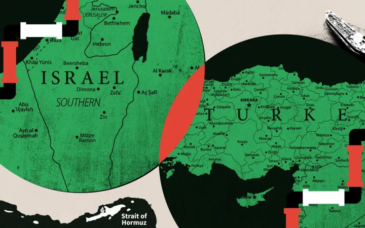 Illustration of the maps of Israel and Turkey in circles, colliding in the middle.