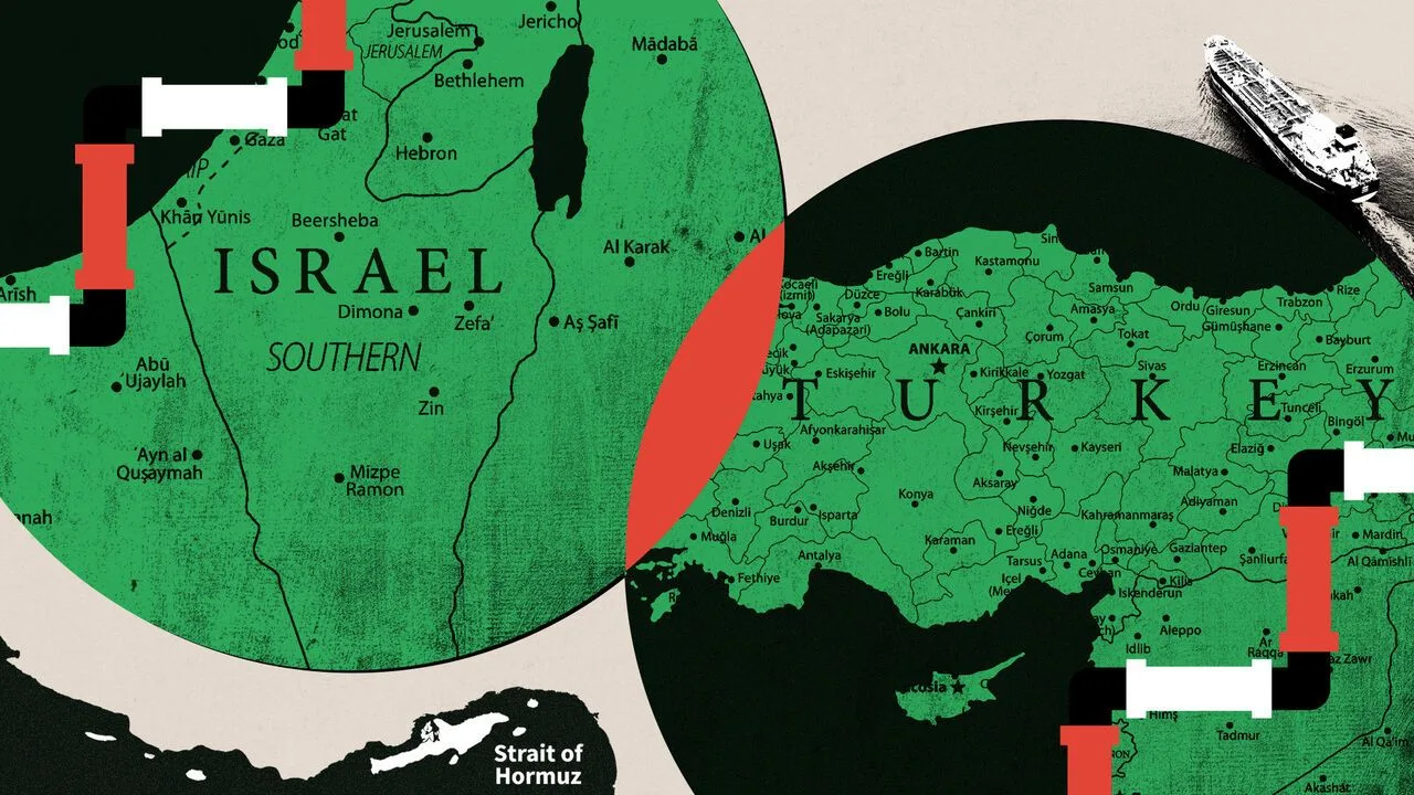 Illustration of the maps of Israel and Turkey in circles, colliding in the middle.