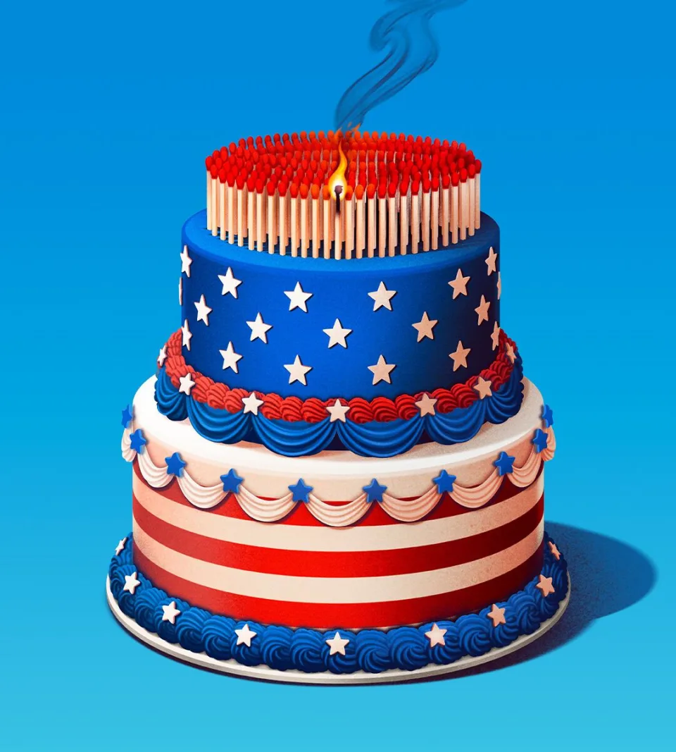 A three-tiered red, white, and blue American-themed cake with a lit match candle on top.