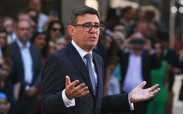 Britain's new Prime Minister, Andy Burnham, delivers his first speech outside 10 Downing Street