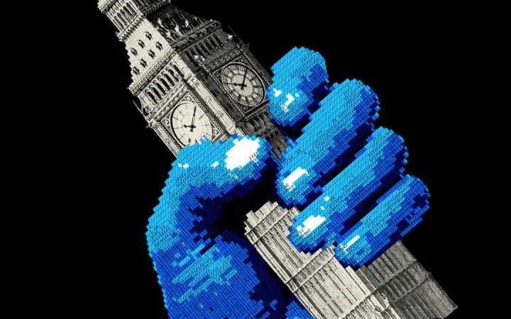 Graphic illustration of a large, pixelated blue digital hand firmly squeezing and crushing London’s Big Ben clock tower
