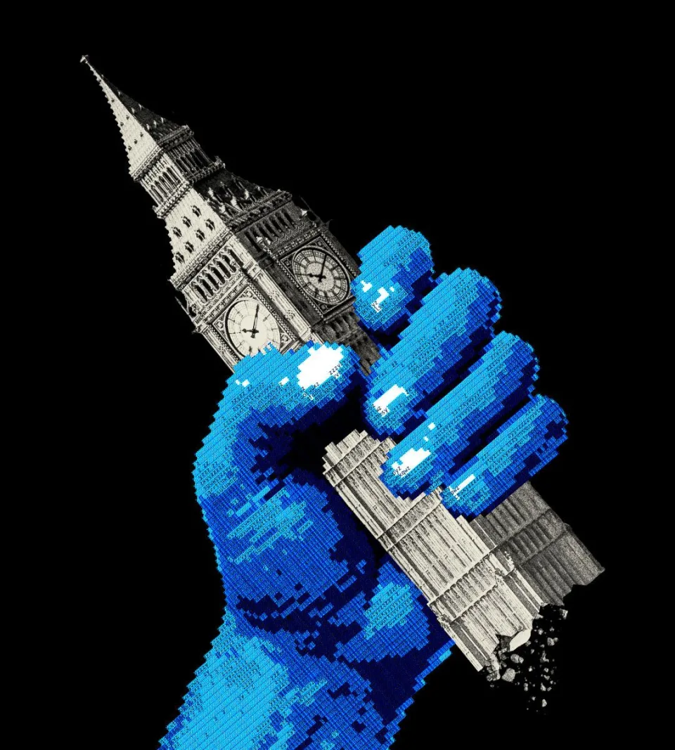 Graphic illustration of a large, pixelated blue digital hand firmly squeezing and crushing London’s Big Ben clock tower