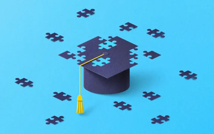 Illustration showing a graduation cap assembled from puzzle pieces.