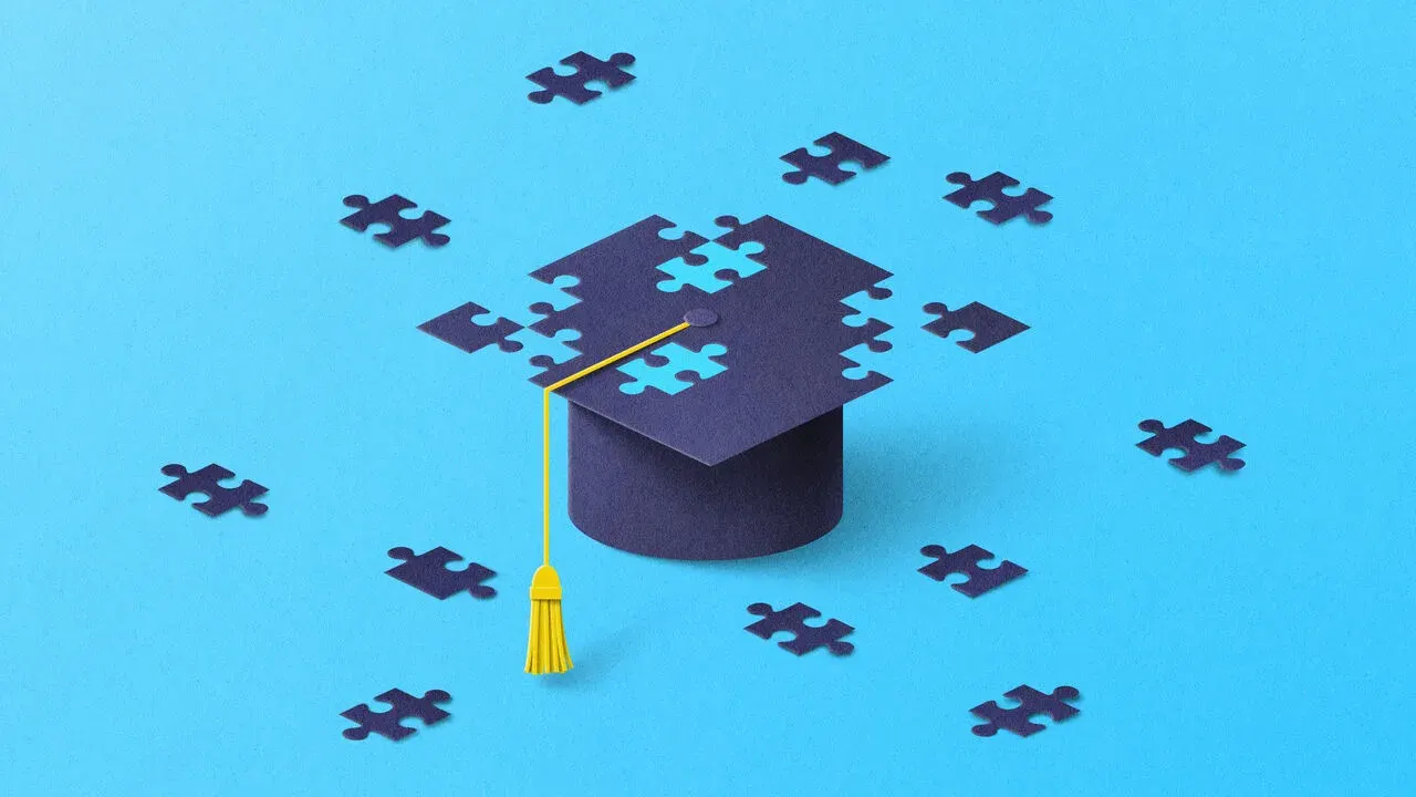 Illustration showing a graduation cap assembled from puzzle pieces.