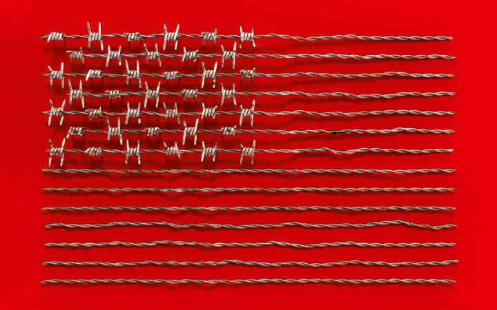 Barbed wire arranged in the shape of an American flag against a red background.