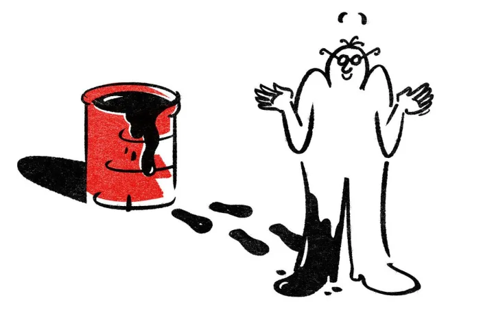 Illustration of a person with glasses looking confused after putting a foot in an oil barrel.