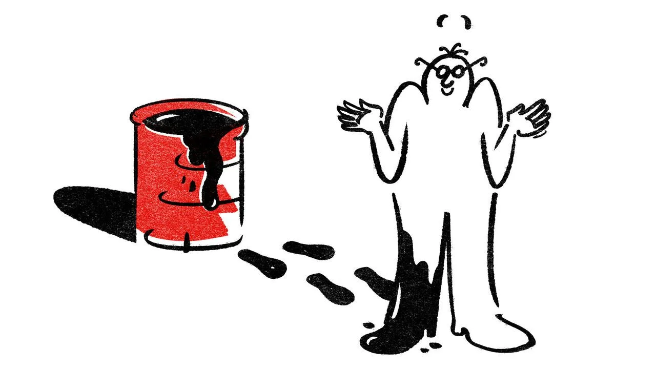 Illustration of a person with glasses looking confused after putting a foot in an oil barrel