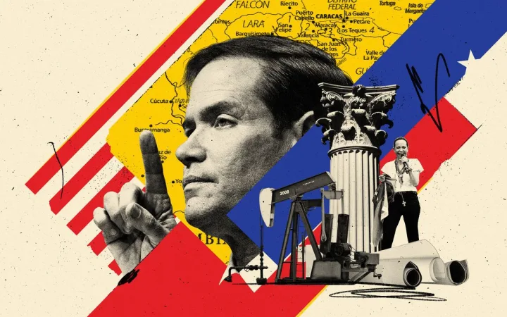 Collage illustration with Marco Rubio at the centre, plus images of an oil rig, a pillar and Maria Corina Machado