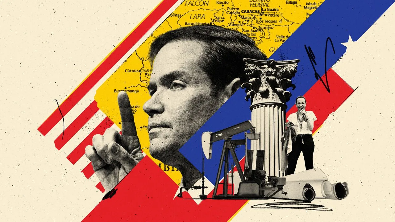 Collage illustration centred on Marco Rubio, with an oil rig, a classical pillar representing the judiciary, and opposition leader María Corina Machado