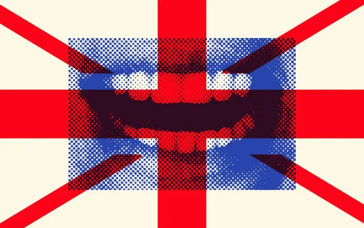 Photomontage of a mouth with the red cross of the British flag over it